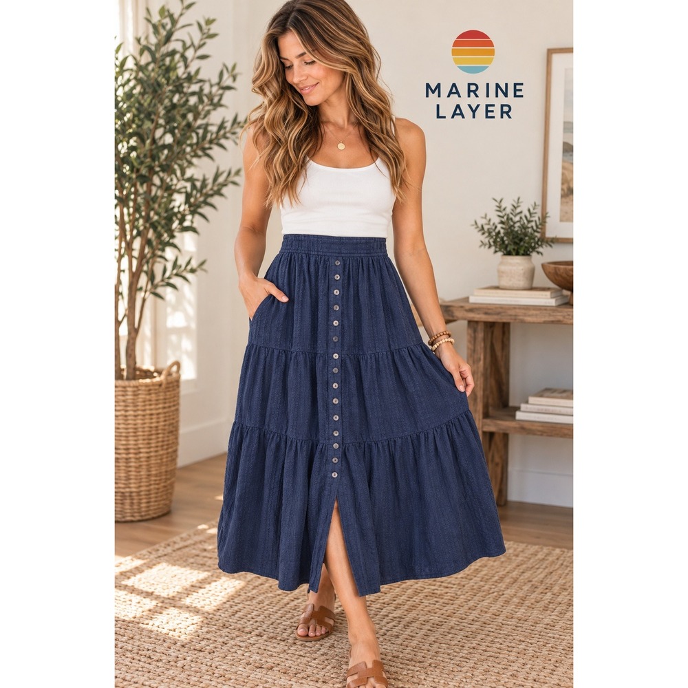 Marine Layer Navy Blue Cotton Tiered Lagenlook Midi Gauzy Skirt Pockets Small